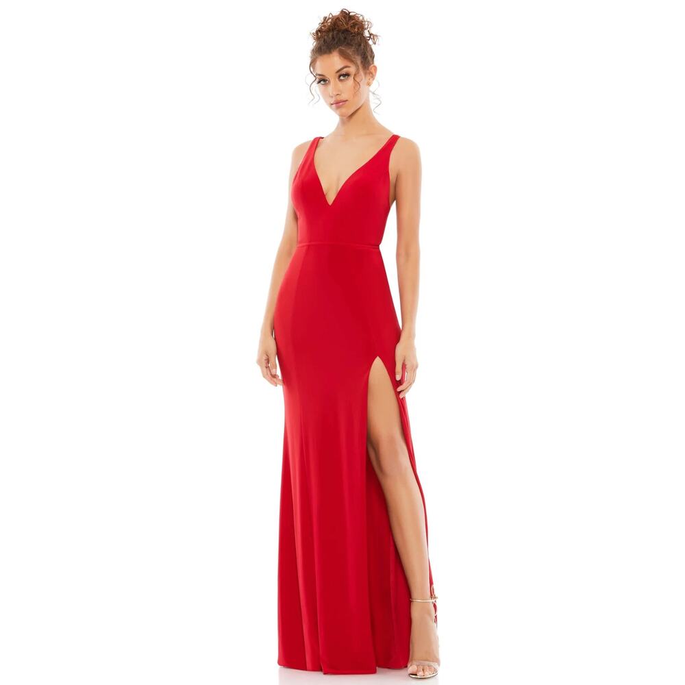 Mac Duggal Ieena 25846 Red Plunge High Slit Gown 6 NEW